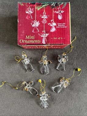 Vintage Holiday Mini Glass Angel Ornaments with Gold Accents Christmas Set of 6